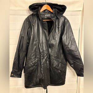 Vintage Bromley Sport long hooded leather coat with faux fur zip out lining